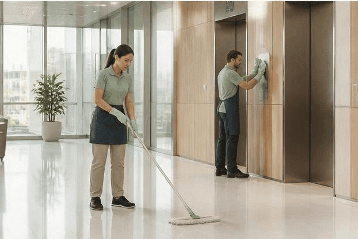 Concierge professionnel Bleu-Ménage assurant l'entretien d'un hall d'immeuble moderne à Montréal